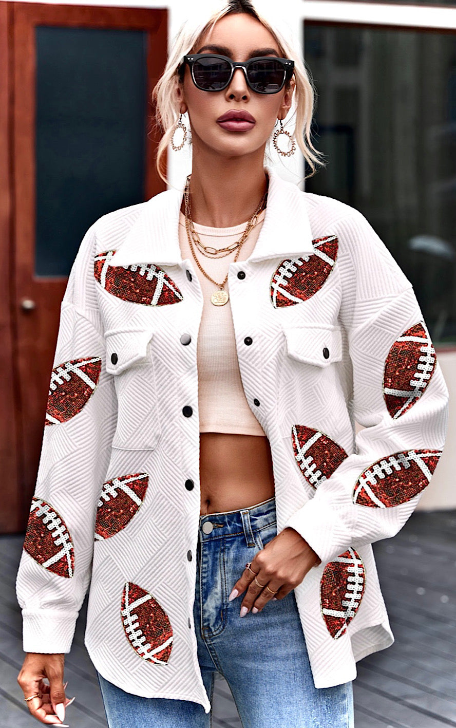 Get In The Game Textured White Sequin Football Jacket