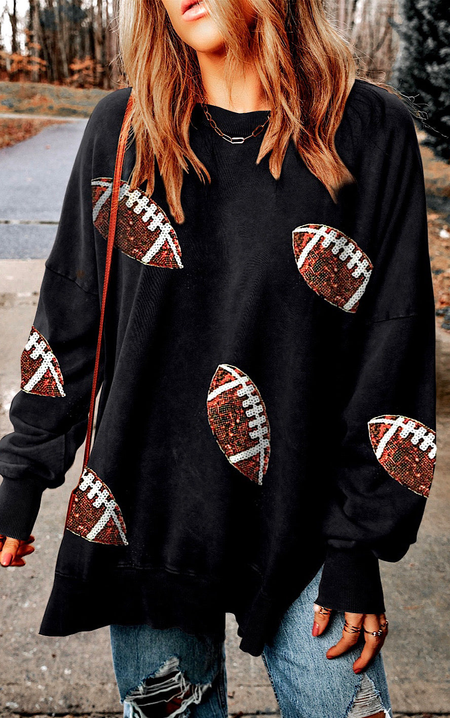 Sequin Football Black Side Slit Sweatshirt, SM-2X