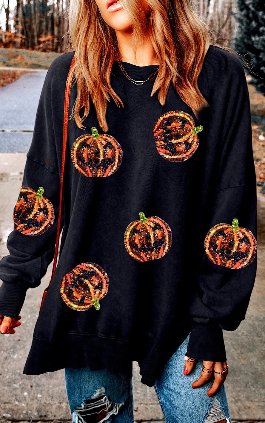 Sequin Pumpkin Black Side Slit Sweatshirt, SM-2X