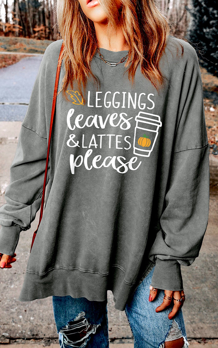 Leggings Leaves Lattes Grey Sweatshirt