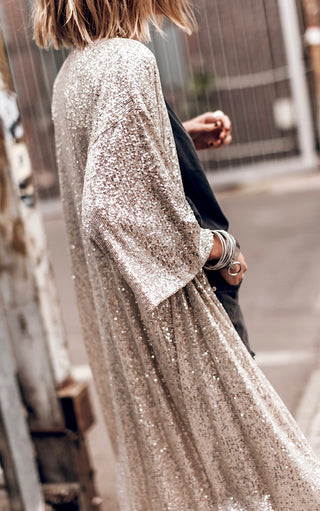 Sparkling Sensation Sequin Duster Kimono, BLACK & BEIGE