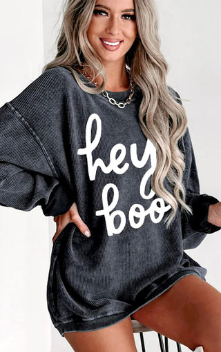Hey Boo Grey Corded Graphic Sweatshirt