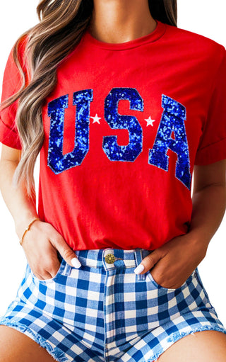 USA Red & Blue Sequin Patriotic Tee