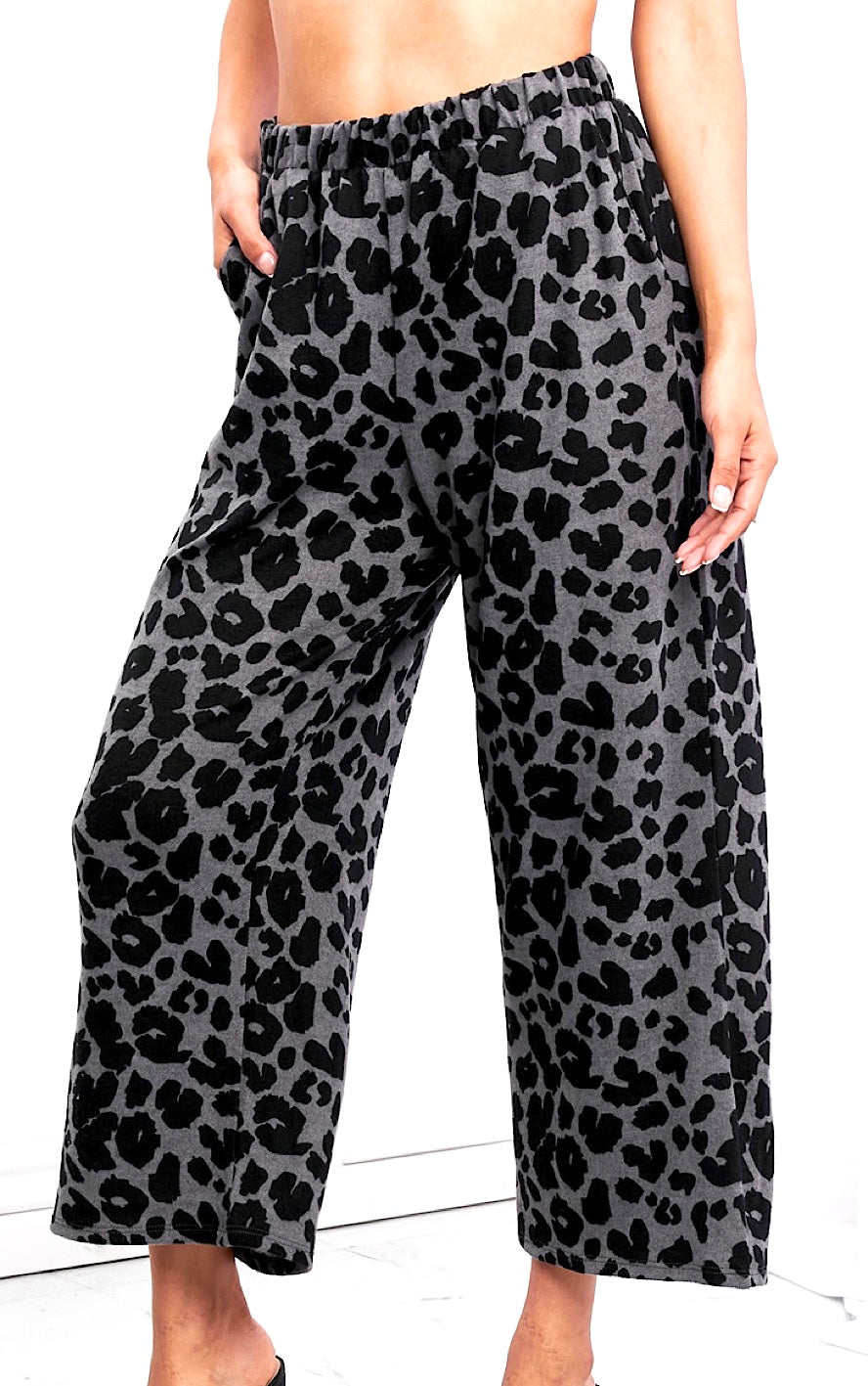 Playful Perfection Black & Grey Leopard Print Wide Leg Pants