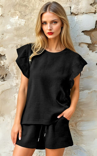 Stellar Style Textured Ruffle Sleeve Shorts Set, TWO COLORS