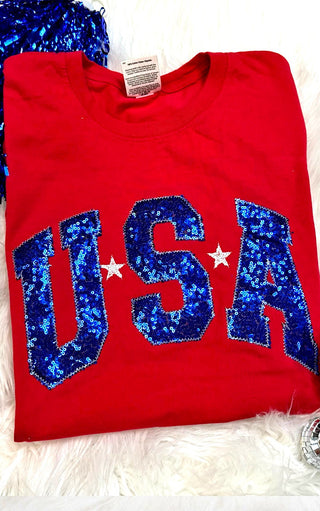 USA Red & Blue Sequin Patriotic Tee