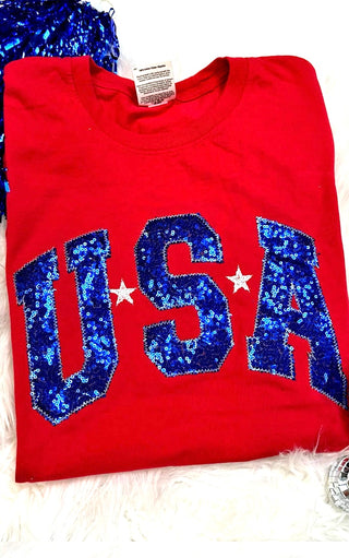 USA Red & Blue Sequin Patriotic Tee