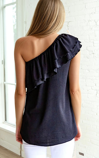 Sophisticated Sweetie Black One Shoulder Top