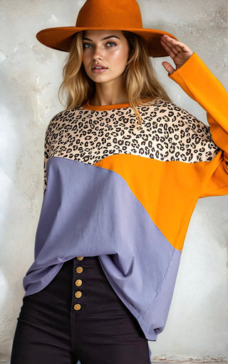 Easy To Love Leopard Print Colorblock Top