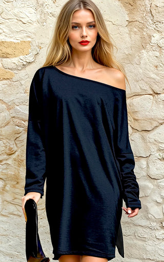 Woman modeling the Easy Breezy Black Dress with boat neckline and dolman sleeves, boutique heavyweight knit dress in black, sizes Small to 3X