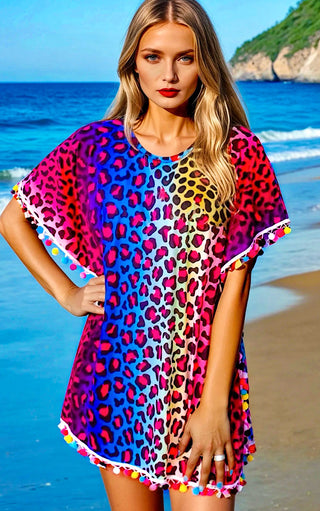 RESTOCKED! Beach Babe Rainbow Leopard Swimsuit Cover Up, SM-4X!
