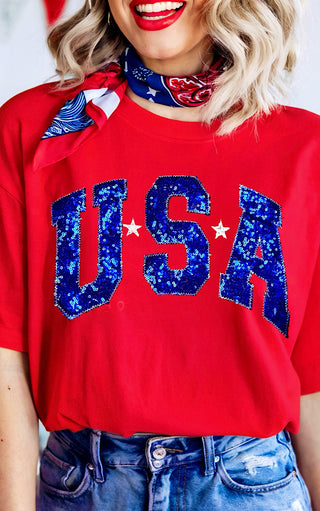 USA Red & Blue Sequin Patriotic Tee