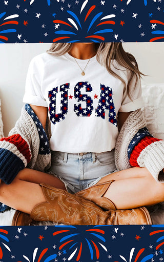 USA Star Patches White Patriotic Tee