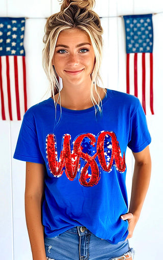 USA Blue Sequin Patriotic Tee