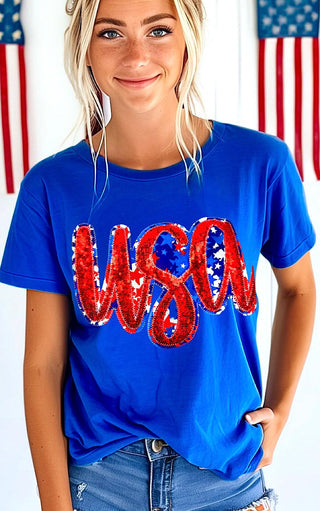 USA Blue Sequin Patriotic Tee
