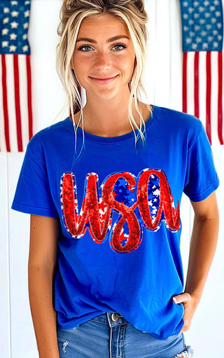 USA Blue Sequin Patriotic Tee