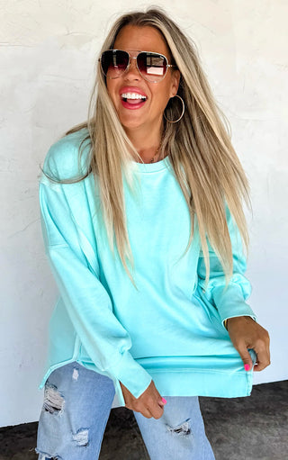 Happy Days Ahead Turquoise Split Hem Sweatshirt