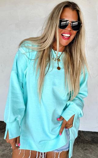 Happy Days Ahead Turquoise Split Hem Sweatshirt