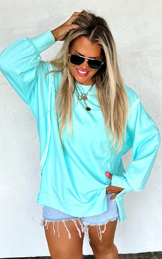 Happy Days Ahead Turquoise Split Hem Sweatshirt