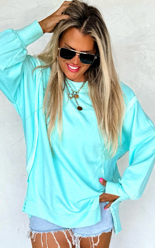 Happy Days Ahead Turquoise Split Hem Sweatshirt