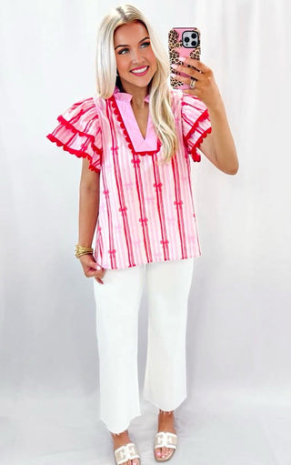 Oxford Belle Pink & Red Ruffle Sleeve Top