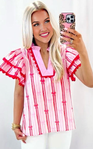 Oxford Belle Pink & Red Ruffle Sleeve Top