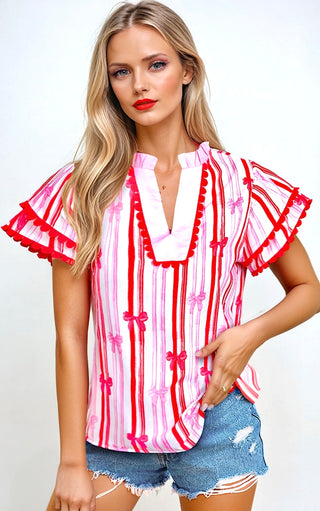 Oxford Belle Pink & Red Ruffle Sleeve Top