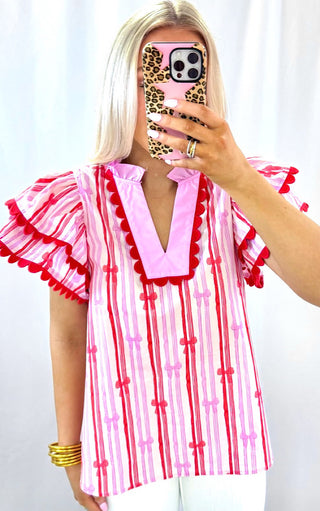 Oxford Belle Pink & Red Ruffle Sleeve Top