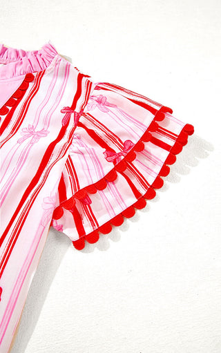 Oxford Belle Pink & Red Ruffle Sleeve Top