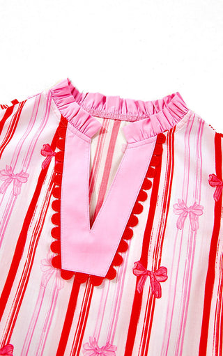Oxford Belle Pink & Red Ruffle Sleeve Top