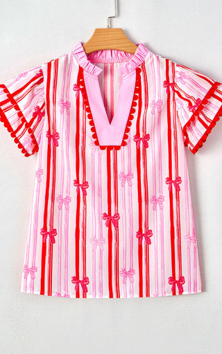 Oxford Belle Pink & Red Ruffle Sleeve Top