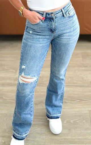Vintage Beauty Judy Blue Mid Rise Raw Hem Bootcut Jeans, Sizes 0-24W