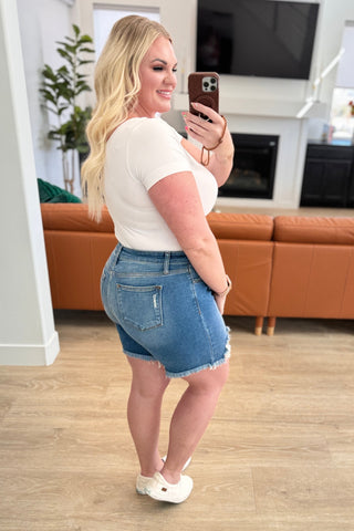 Love Shack Judy Blue Mid Length Cutoff Shorts, SIZES 1X-3X