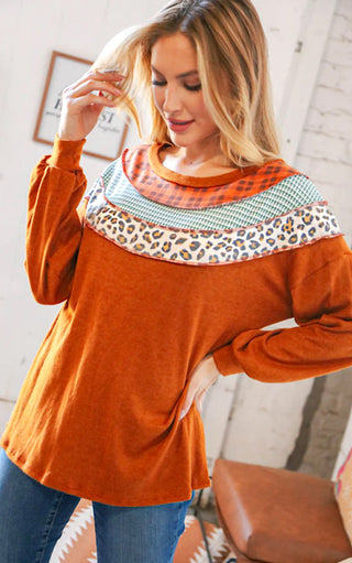 Cider Sipping Rust Plaid & Leopard Top