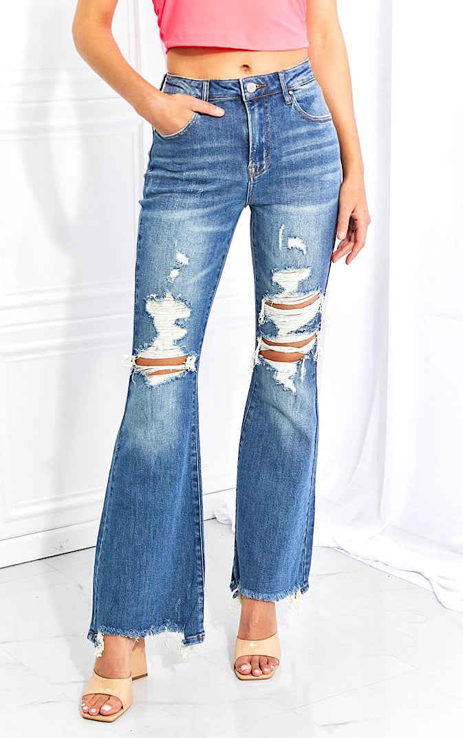 Drama Queen RISEN Brand Distressed Flare Jeans, Sizes 1-3X