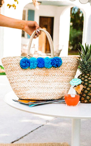 Summer Lovin’ Blue Pom Pom Straw Tote