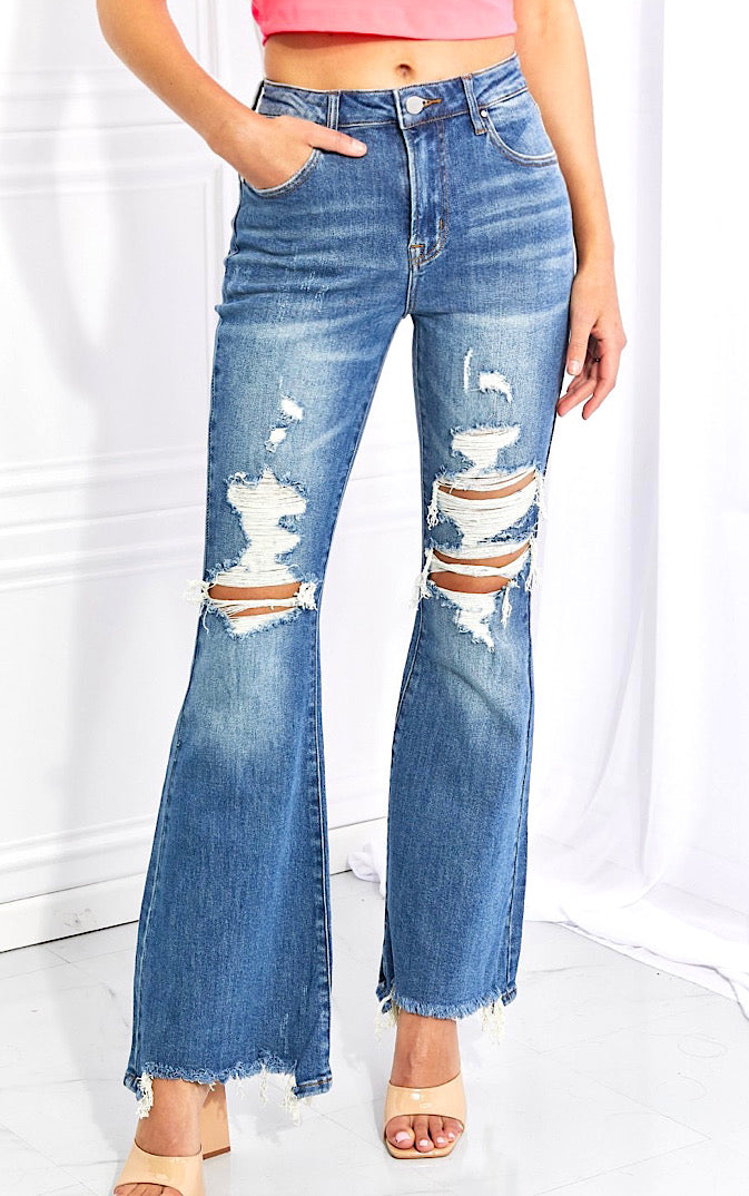 Drama Queen RISEN Brand Distressed Flare Jeans, Sizes 1-3X