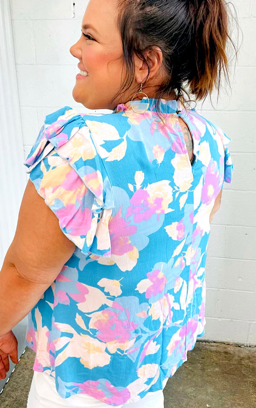 Paradise Found Sky Blue Floral Flutter Sleeve Top, SM-3X