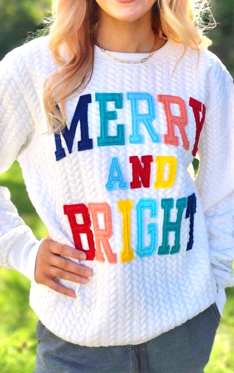PREORDER Merry And Bright White Quilted Sweatshirt, SHIPS 12/15