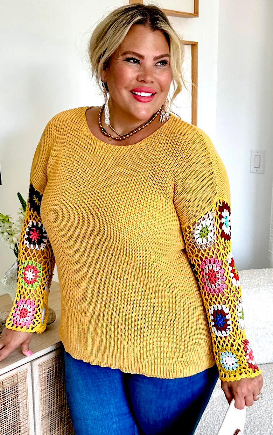 Flawless And Free Mustard Yellow Crochet Sweater, PREORDER