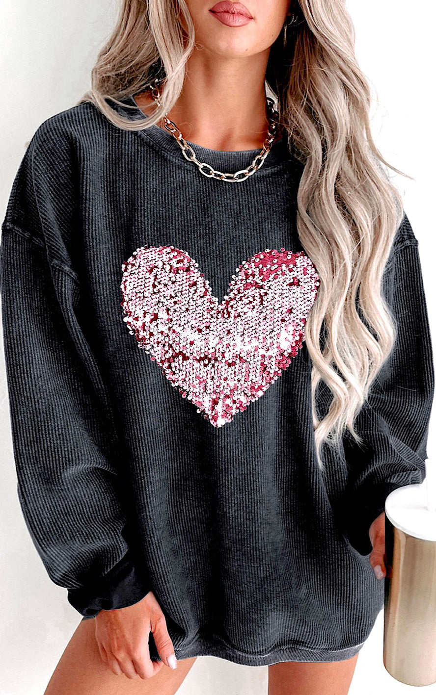 Let Your Love Shine Pink Sequin Heart Sweatshirt, SM-2X