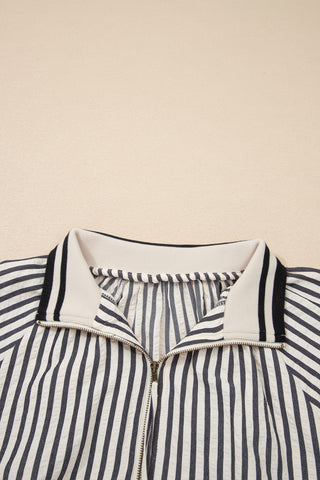Black Stripe Polo Collar Half Zip Puff Sleeve Blouse
