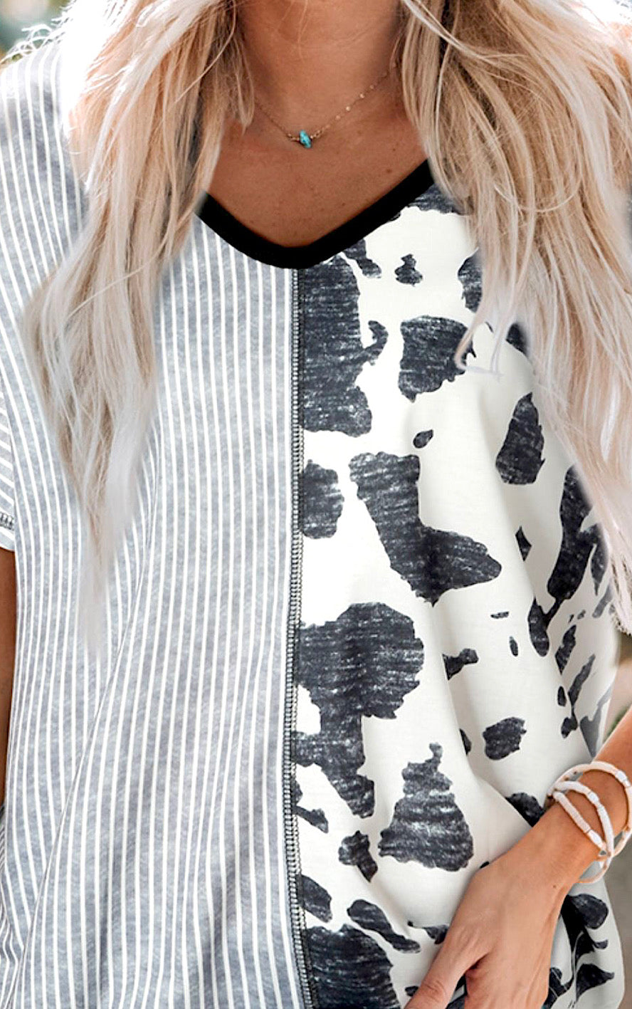 Showing Off Grey Striped Animal Print Top