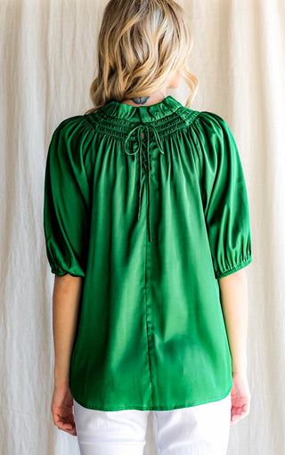 Meet Me Under The Mistletoe Green Satin Top, SMALL