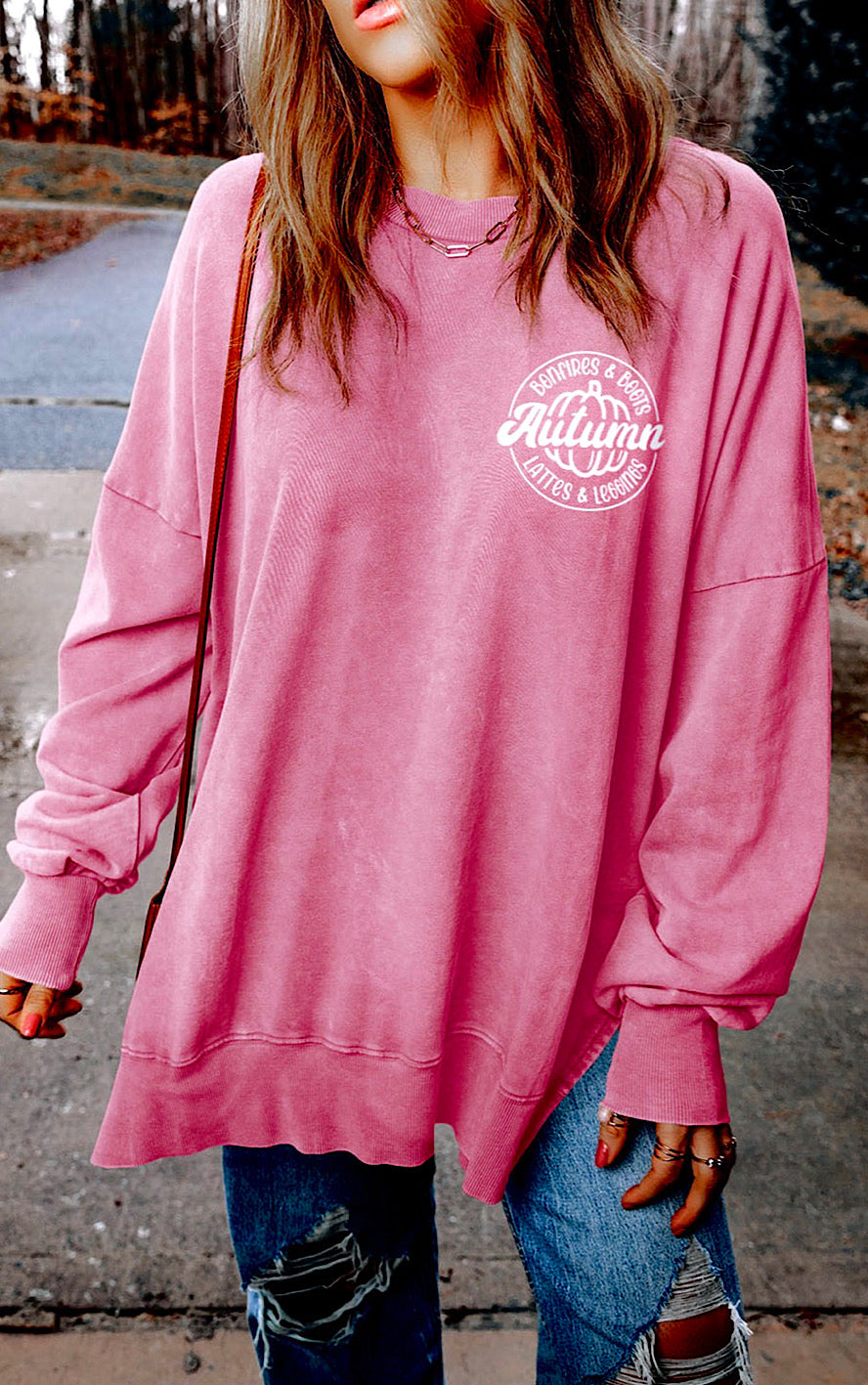 Autumn Faves Pink Side Slit Sweatshirt, SM-2X