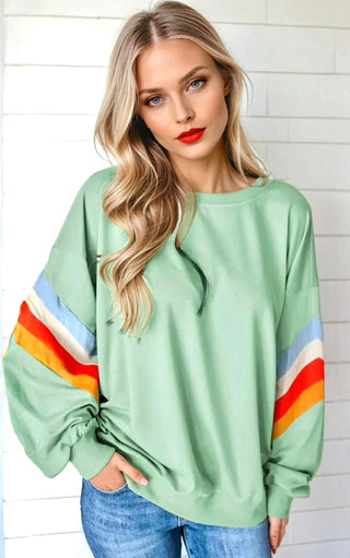Simple Sophistication Sage Green Striped Sleeve Sweatshirt