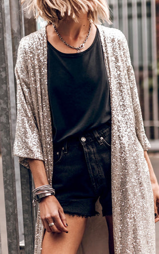 Sparkling Sensation Sequin Duster Kimono, BLACK & BEIGE