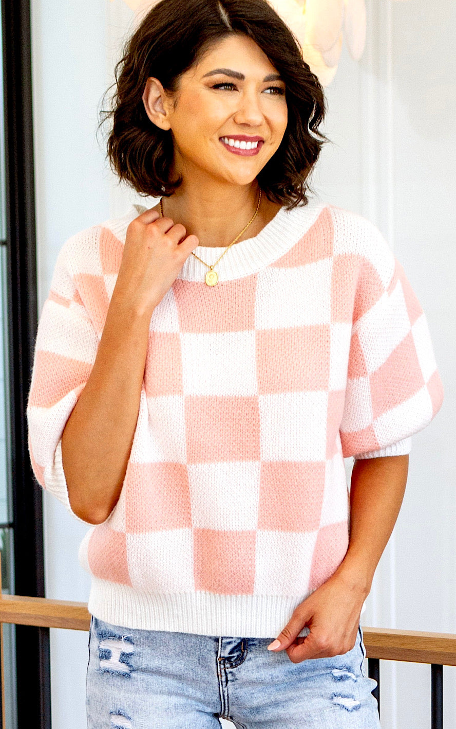 Winning Attitude Pink And White Checkered Sweater, SM-3X