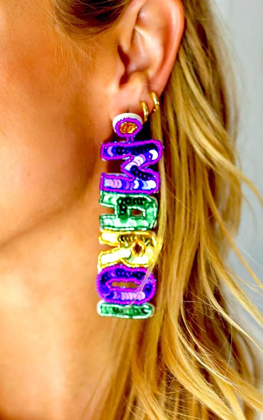 Mardi Gras Words Sequin & Beaded Earrings