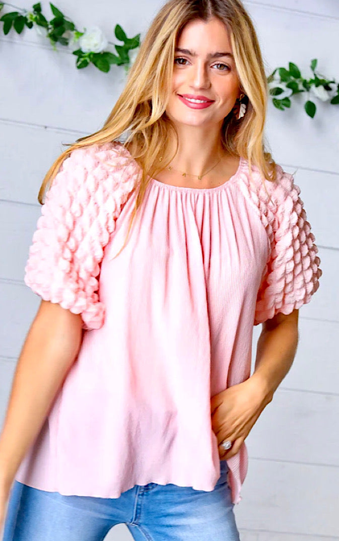 Copy of Dream Date Pink Bubble Sleeve Top, LARGE runs large!